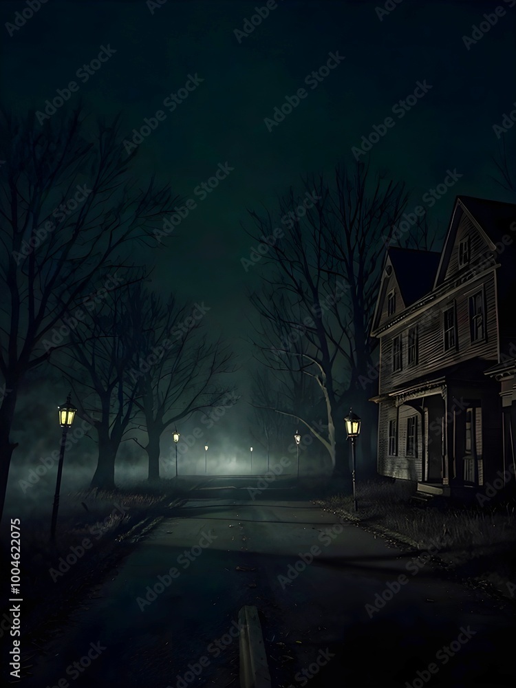 Old abandoned house in the night with road Old abandoned house in the night with road
