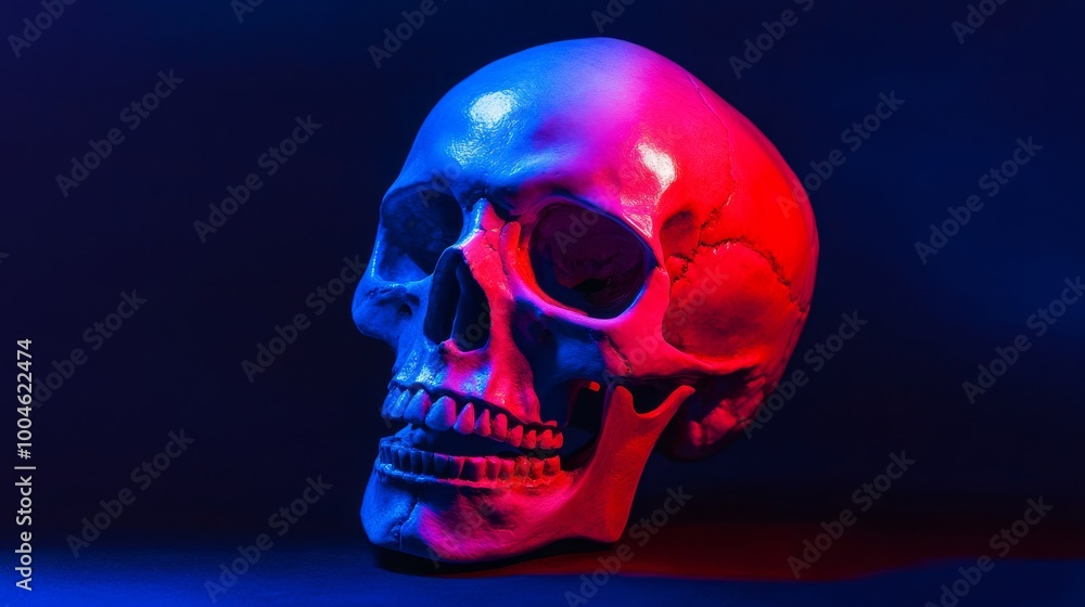 Human skull illuminated with eerie red and blue light Human skull illuminated with eerie red and blue light