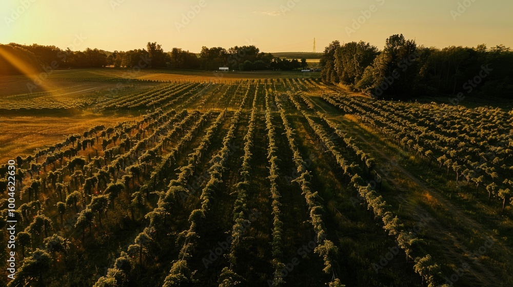 A hop farm at dusk, with the last light of day casting a golden glow over the fields A hop farm at dusk, with the last light of day casting a golden glow over the fields