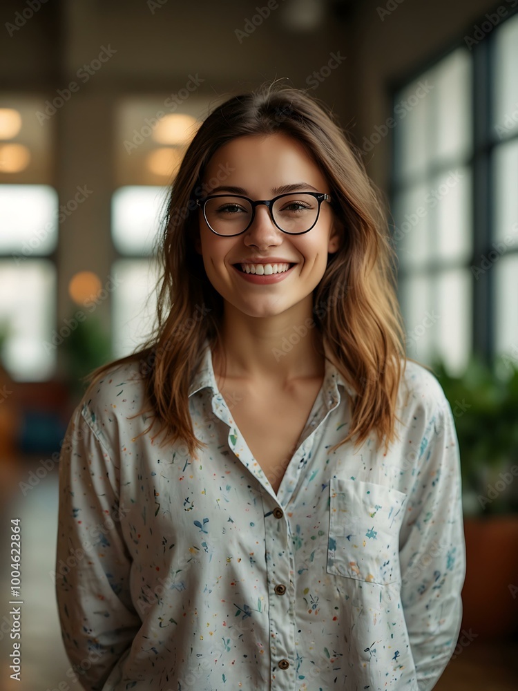 Brightly smiling young woman with glasses in a cheerful indoor scene. Brightly smiling young woman with glasses in a cheerful indoor scene.