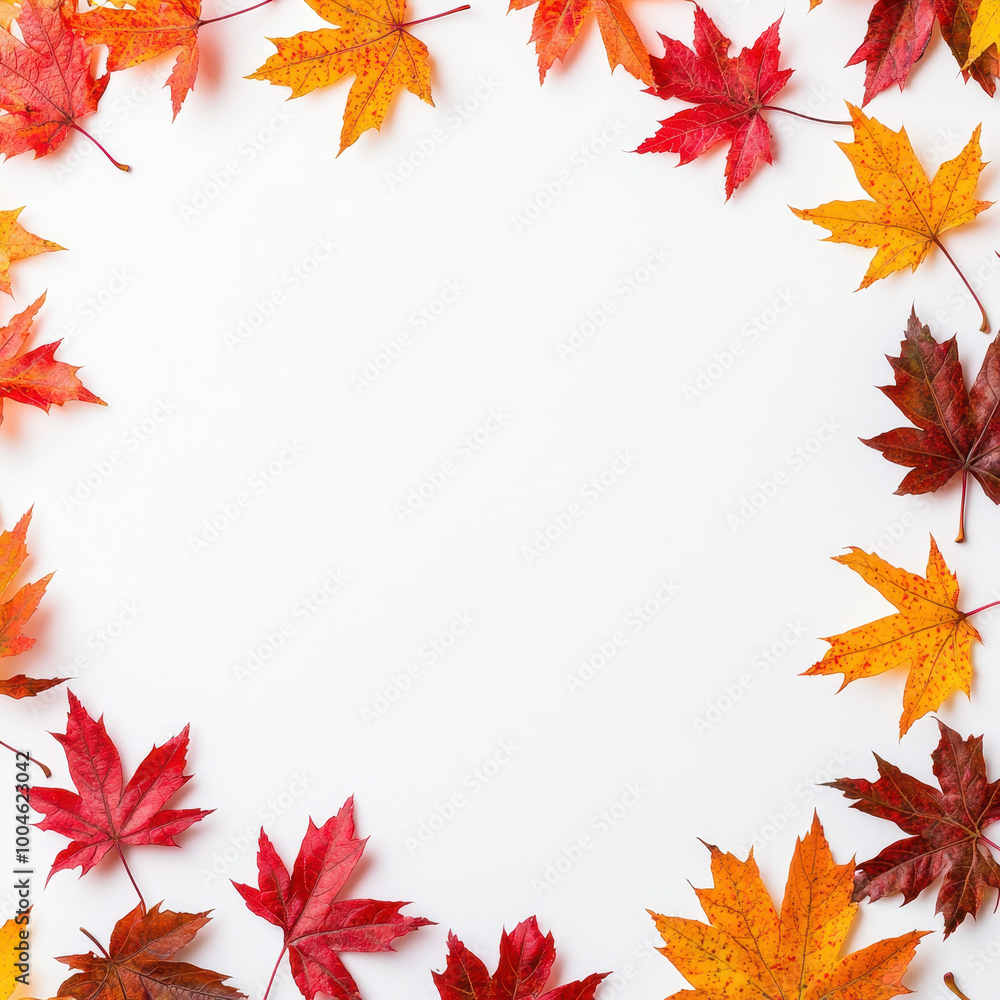 Vibrant autumn leaves arranged in a circular frame on a white background, perfect for seasonal themes and nature-inspired designs. Vibrant autumn leaves arranged in a circular frame on a white background, perfect for seasonal themes and nature-inspired designs.