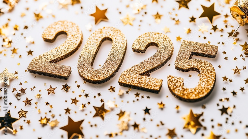 Glittering 2025 numbers surrounded by stars. Glittering 2025 numbers surrounded by stars.