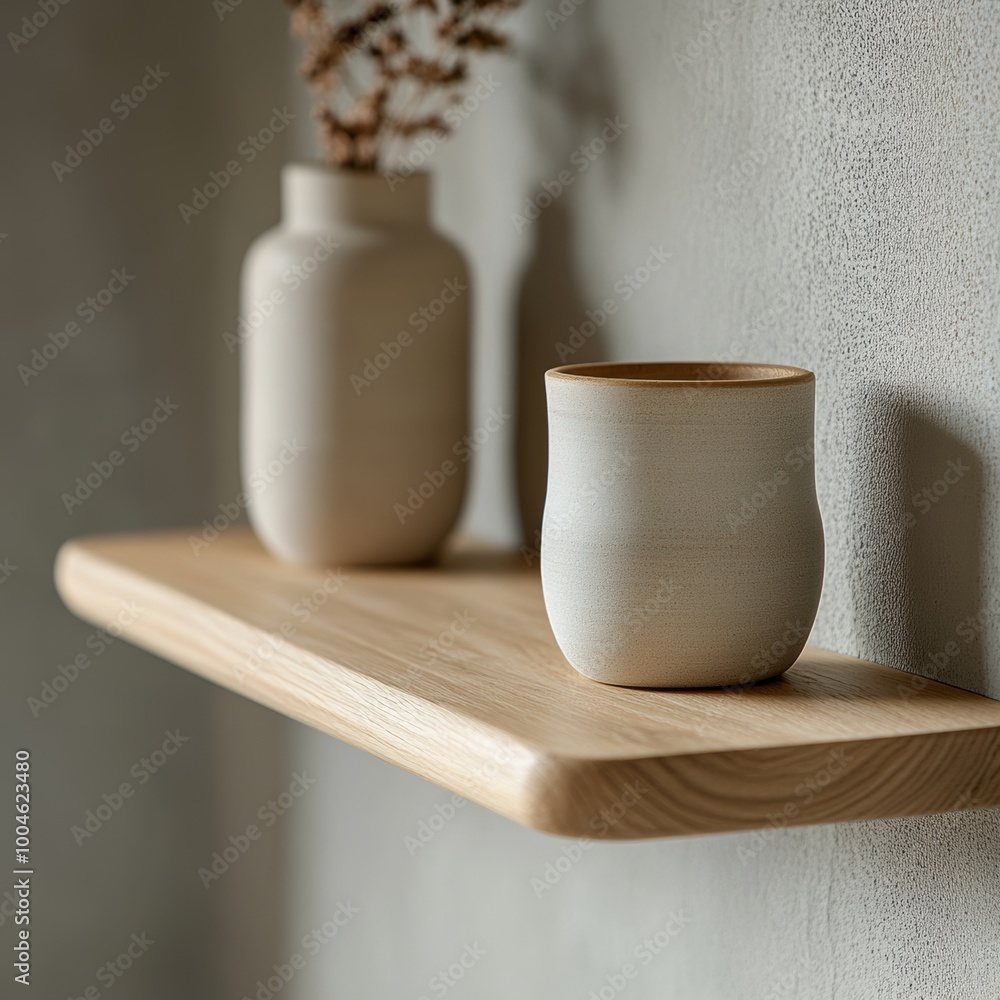 A light wooden display shelf with a polished finish, set against a soft grey background with natural lighting A light wooden display shelf with a polished finish, set against a soft grey background with natural lighting