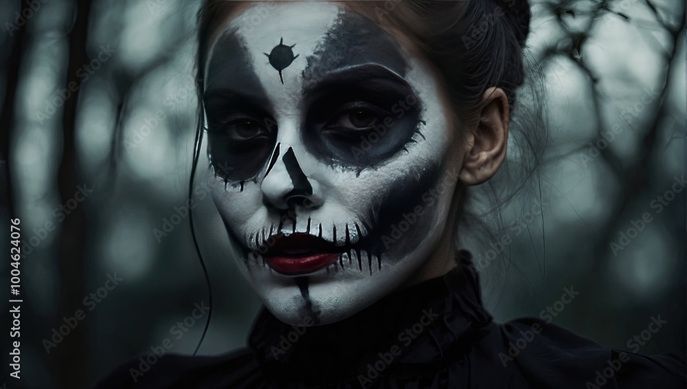 Scary Halloween makeup on a woman's face in the form of a skull, a corpse. Halloween Party Scary Halloween makeup on a woman's face in the form of a skull, a corpse. Halloween Party