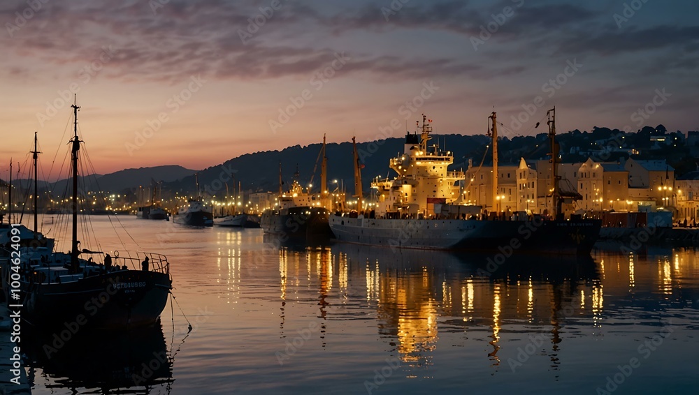 Bustling port scene at dusk with ships reflecting in the water. Bustling port scene at dusk with ships reflecting in the water.
