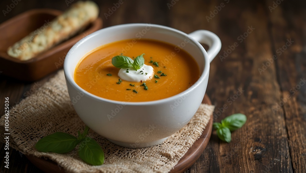Carrot soup with a touch of cream and basil. Carrot soup with a touch of cream and basil.
