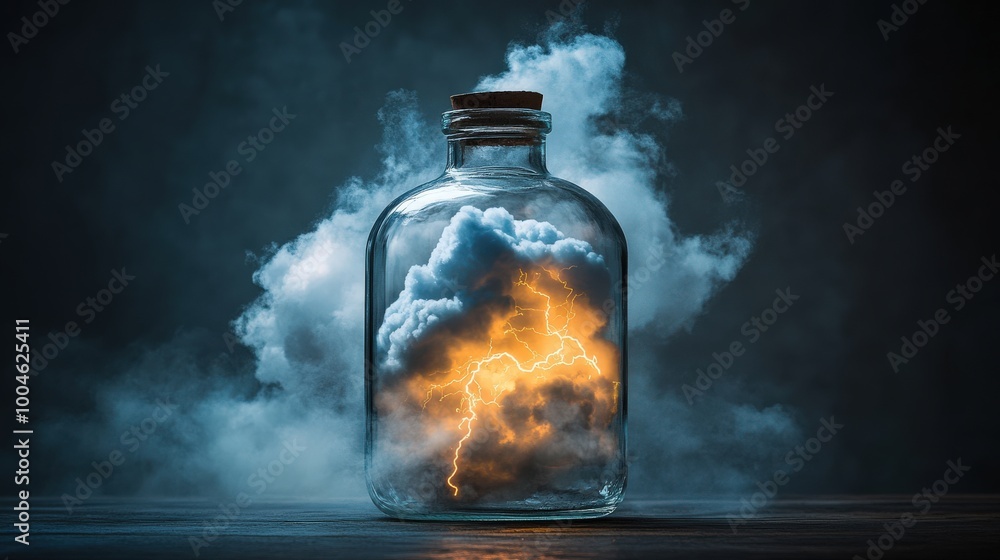 A stunning display features a swirling cloud with vibrant lightning, all contained within a clear glass bottle. The dark ambiance enhances this ethereal artwork A stunning display features a swirling cloud with vibrant lightning, all contained within a clear glass bottle. The dark ambiance enhances this ethereal artwork
