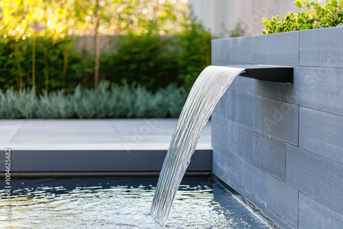 A serene water feature showcases a smooth flow over a stone edge, perfect for enhancing outdoor tranquility and modern design. photo