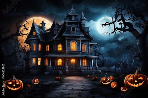 Terrible hunting house and Halloween Jack Lantern pumpkin in a scary forest with a dead tree. Frightening mood, bats, light in the windows, full moon, fog, twilight. Illustration.