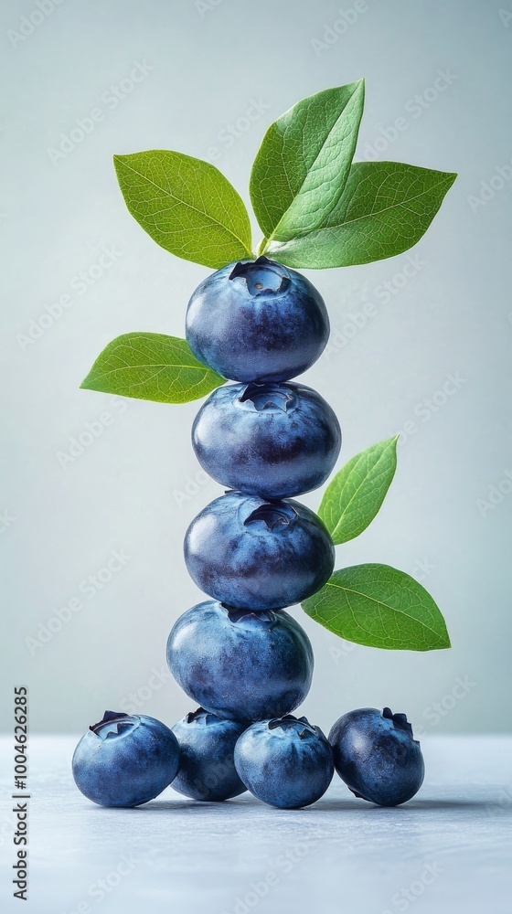 Fresh blueberries balancing on top of each other with green leaves Fresh blueberries balancing on top of each other with green leaves