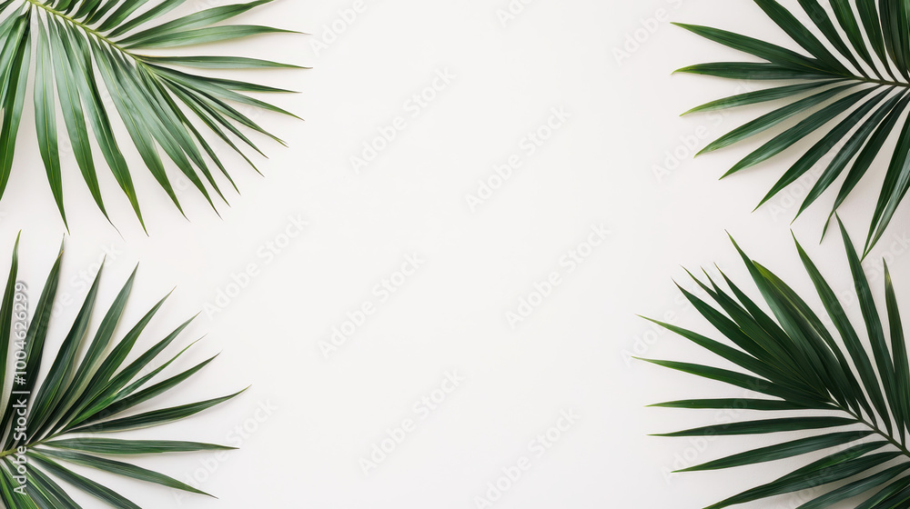 Vibrant green palm leaves arranged around a blank white space, perfect for adding text or enhancing a natural theme. Vibrant green palm leaves arranged around a blank white space, perfect for adding text or enhancing a natural theme.