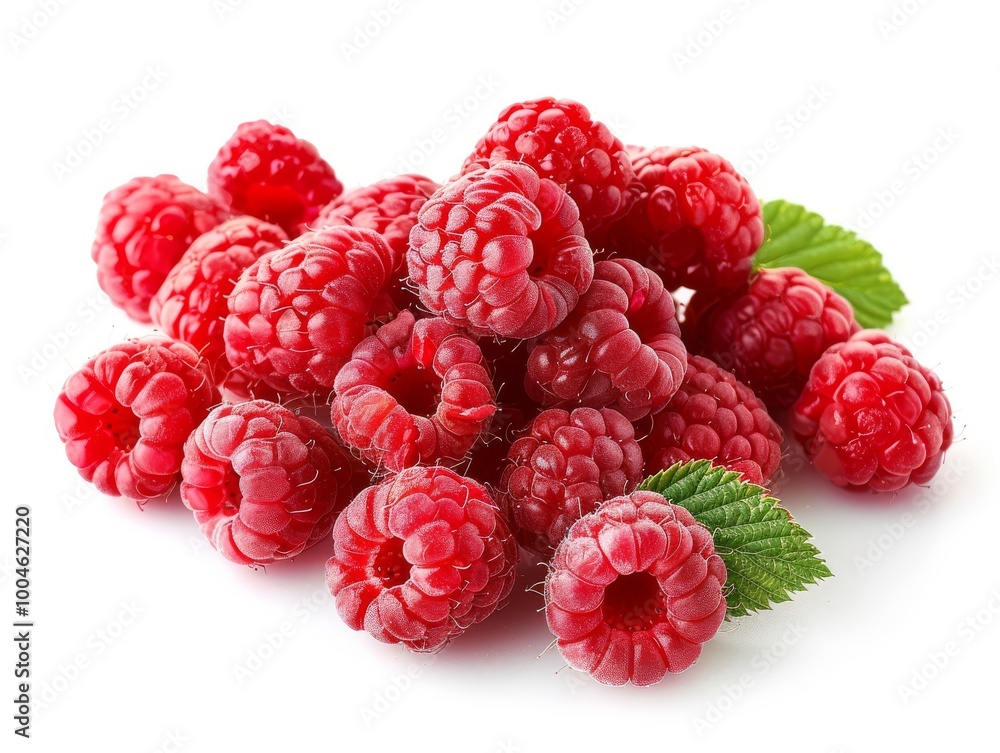 A pile of fresh raspberries on a white background A pile of fresh raspberries on a white background