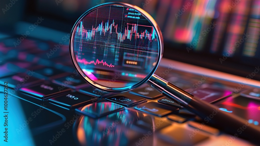 Magnifying glass over data charts on a keyboard. Magnifying glass over data charts on a keyboard.