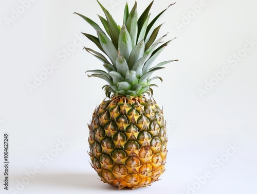 A pineapple with the top leaves intact on a white background