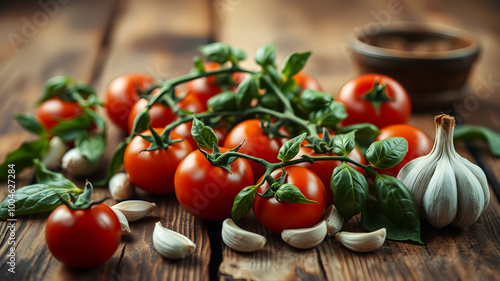 A rustic background featuring a wooden table with scattered ripe tomatoes, basil leaves, and garlic cloves, giving a farmhouse-style feel with rich colors and textures