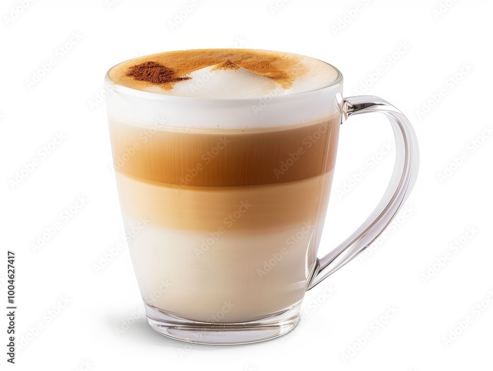 A stylish latte in a glass cup with a white background A stylish latte in a glass cup with a white background