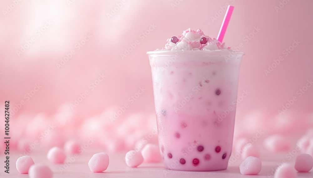 Pink bubble tea with whipped cream and boba pearls on a pink background. Pink bubble tea with whipped cream and boba pearls on a pink background.