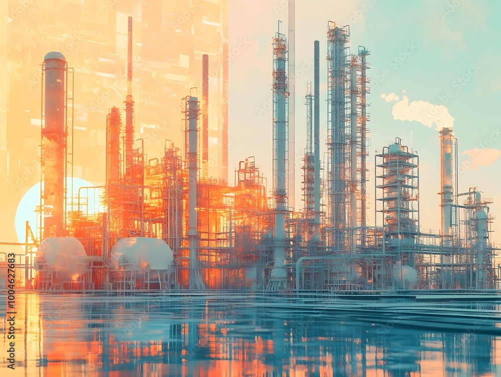 Fototapeta premium Pastel toned Modular Renewable Energy Facility in Futuristic Coastal Metropolis Setting A highly stylized and painterly digital showcasing an innovative