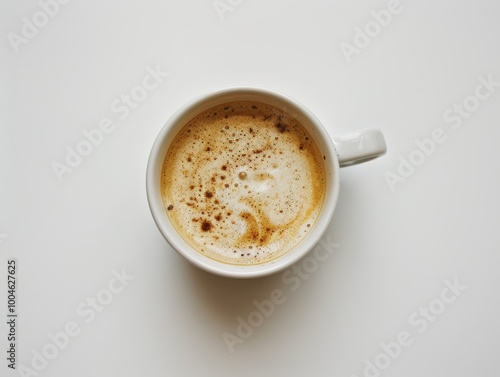 A top view of a coffee cup with a perfectly round foam on a white background