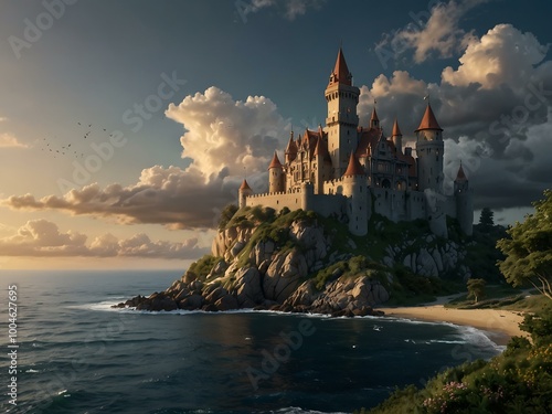 Castle on a hill with an ocean view, blending fantasy and charm.