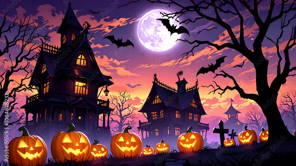 Halloween village with scarry pumpkin background Created with Generative AI technology Halloween village with scarry pumpkin background Created with Generative AI technology