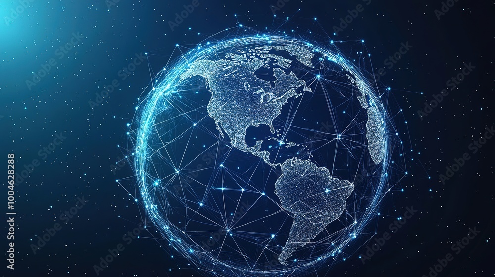 Obraz premium World geometric and earth for connection ,community and society Map networking and communication, planet model with decoration, abstract design or geometric link of business and global economy 