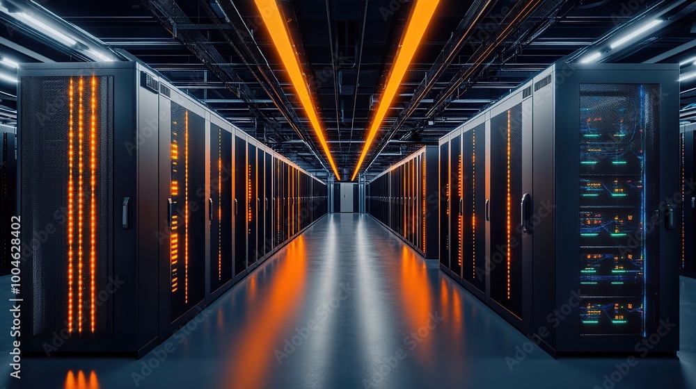 Modern data center with illuminated server racks. Modern data center with illuminated server racks.