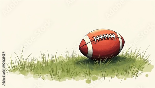 Classic rugby ball resting on green grass with a soft watercolor effect and minimalistic background