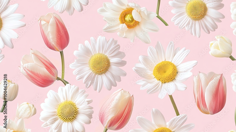 A seamless pattern featuring pink tulips and white daisies on a light pink background. A seamless pattern featuring pink tulips and white daisies on a light pink background.