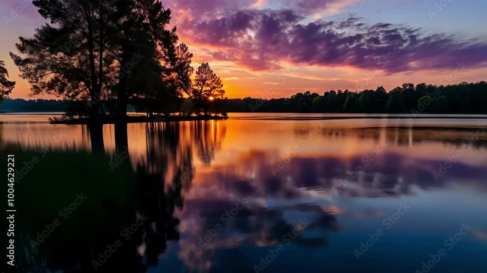 A tranquil lake at sunset, featuring colorful skies, tree silhouettes, and calm waters reflecting the serene atmosphere A tranquil lake at sunset, featuring colorful skies, tree silhouettes, and calm waters reflecting the serene atmosphere