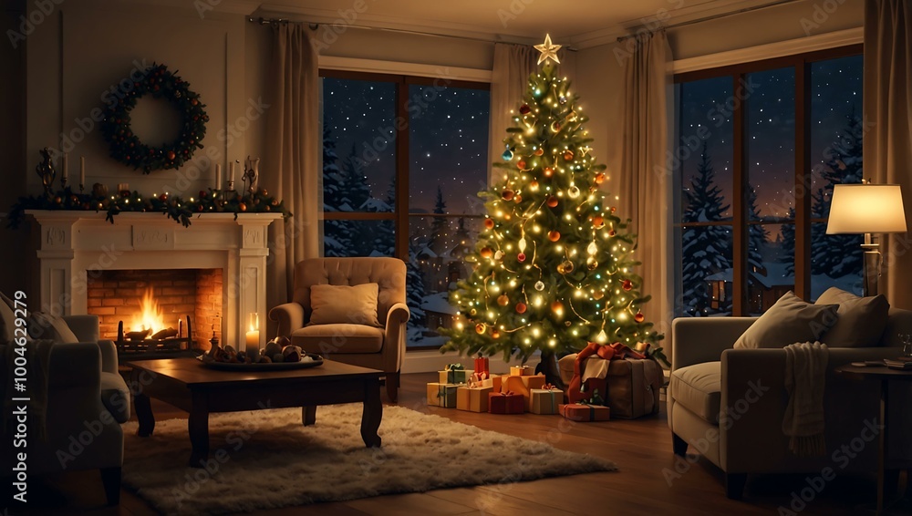 Christmas evening in a warmly decorated room with a glowing tree. Christmas evening in a warmly decorated room with a glowing tree.