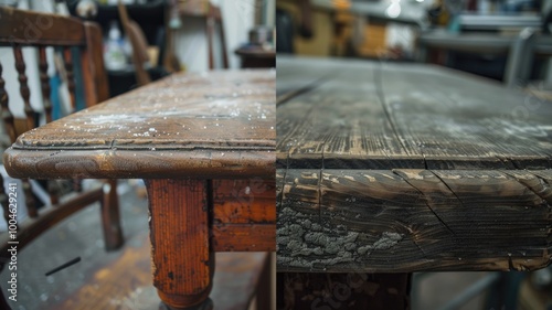 Side-by-side comparison of an intricately carved antique furniture piece undergoing restoration,