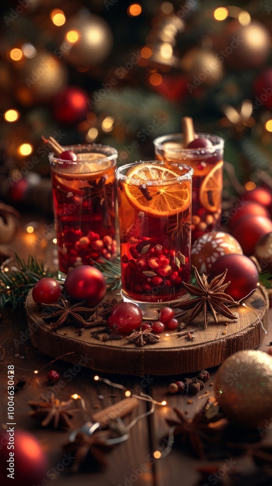 Glasses of steaming mulled wine sit on a wooden table decorated with pine branches, baubles, and delicate snowflakes for a warm and festive holiday setting Glasses of steaming mulled wine sit on a wooden table decorated with pine branches, baubles, and delicate snowflakes for a warm and festive holiday setting