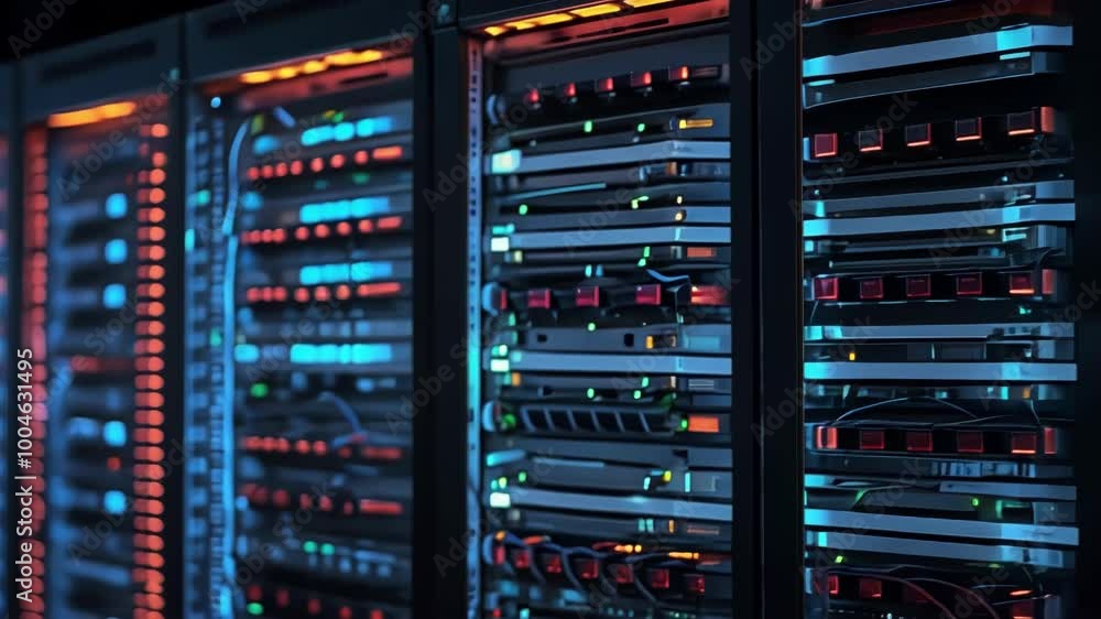 A vibrant server room filled with tech hardware displaying dynamic lights, showcasing modern data management and infrastructure A vibrant server room filled with tech hardware displaying dynamic lights, showcasing modern data management and infrastructure