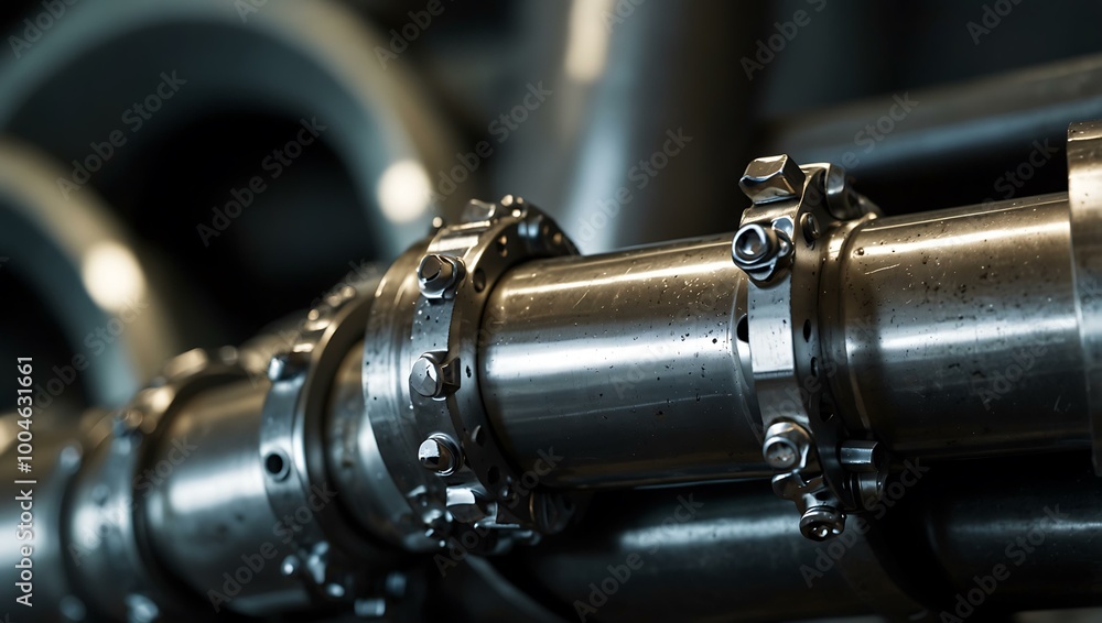 Close-up of a shiny metal pipe with flanges and bolts. Close-up of a shiny metal pipe with flanges and bolts.