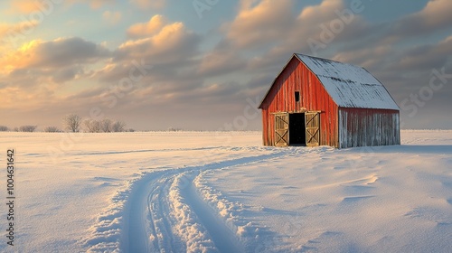 Red barn in a snowy landscape at sunset.