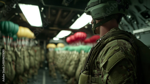 soldier in military aircraft prepares for parachute jump, surrounded by colorful parachutes. atmosphere is tense yet focused, highlighting readiness for action photo