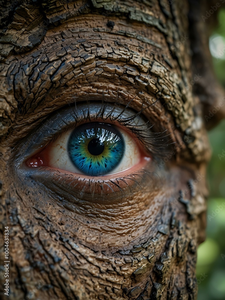 Close-up of a vibrant blue eye reflecting a tree. Close-up of a vibrant blue eye reflecting a tree.