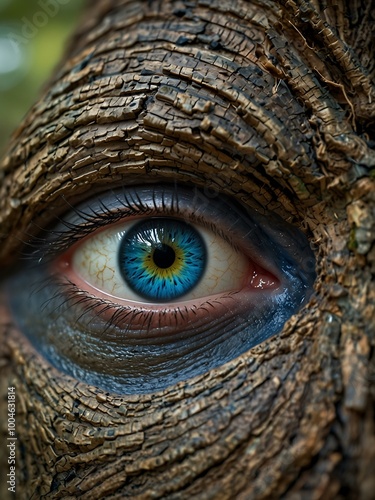 Close-up of a vibrant blue eye reflecting a tree.