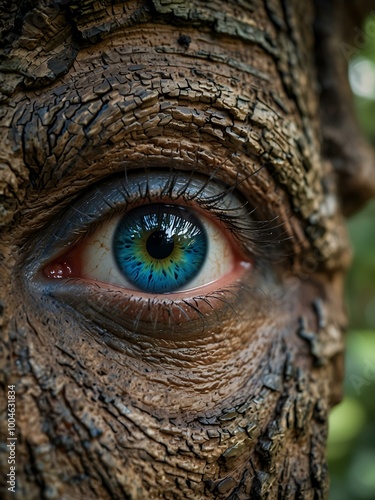 Close-up of a vibrant blue eye reflecting a tree.