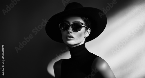 A black-and-white fashion photograph of an elegant woman in sunglasses, wearing a stylish hat .