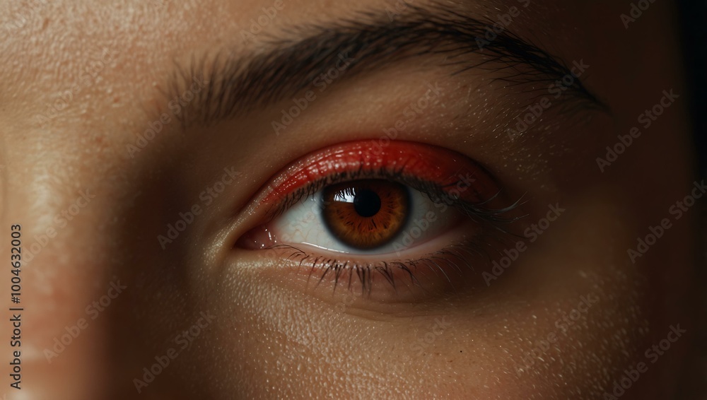 Close-up of a woman’s eye with red light streaks on her face. Close-up of a woman’s eye with red light streaks on her face.