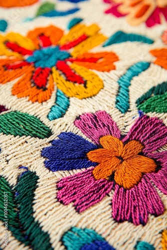 Photograph showing traditional Mexican embroidery, emphasizing the patterns and craftsmanship, great for showing cultural fashion