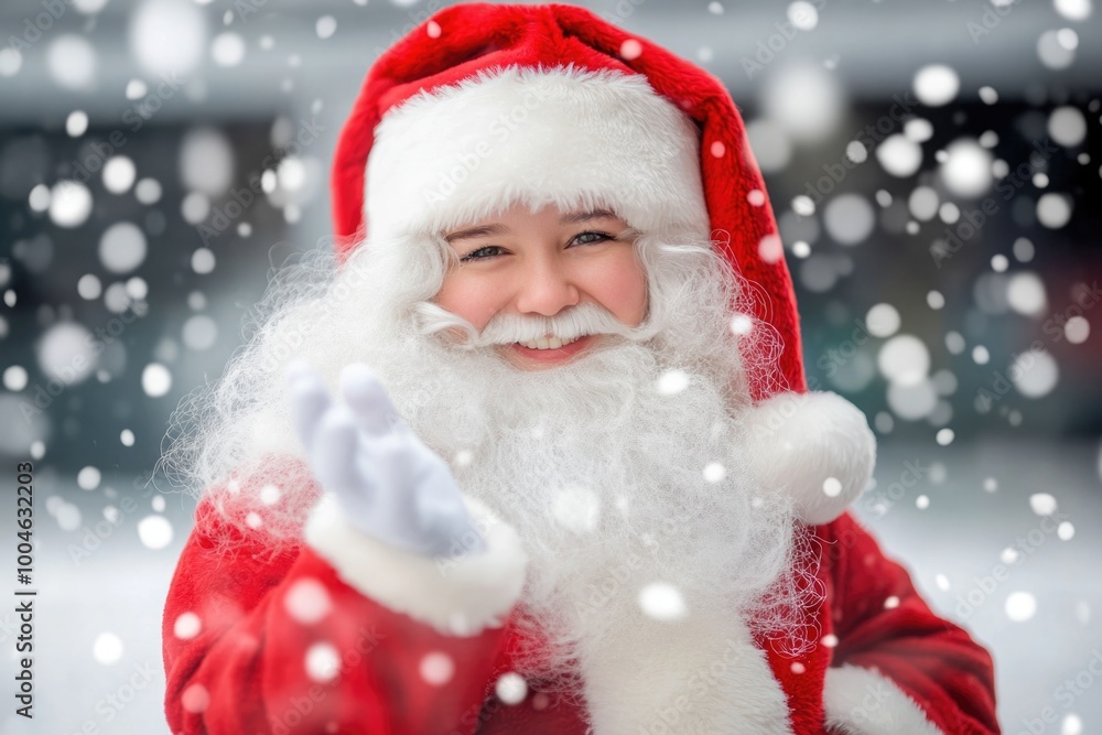 Joyful santa claus waving amidst falling snowflakes in a festive winter scene Joyful santa claus waving amidst falling snowflakes in a festive winter scene