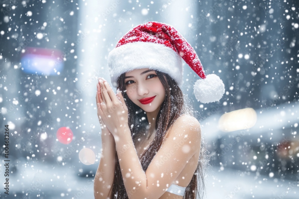 Festive woman in santa hat enjoying snowfall during winter holiday celebration Festive woman in santa hat enjoying snowfall during winter holiday celebration