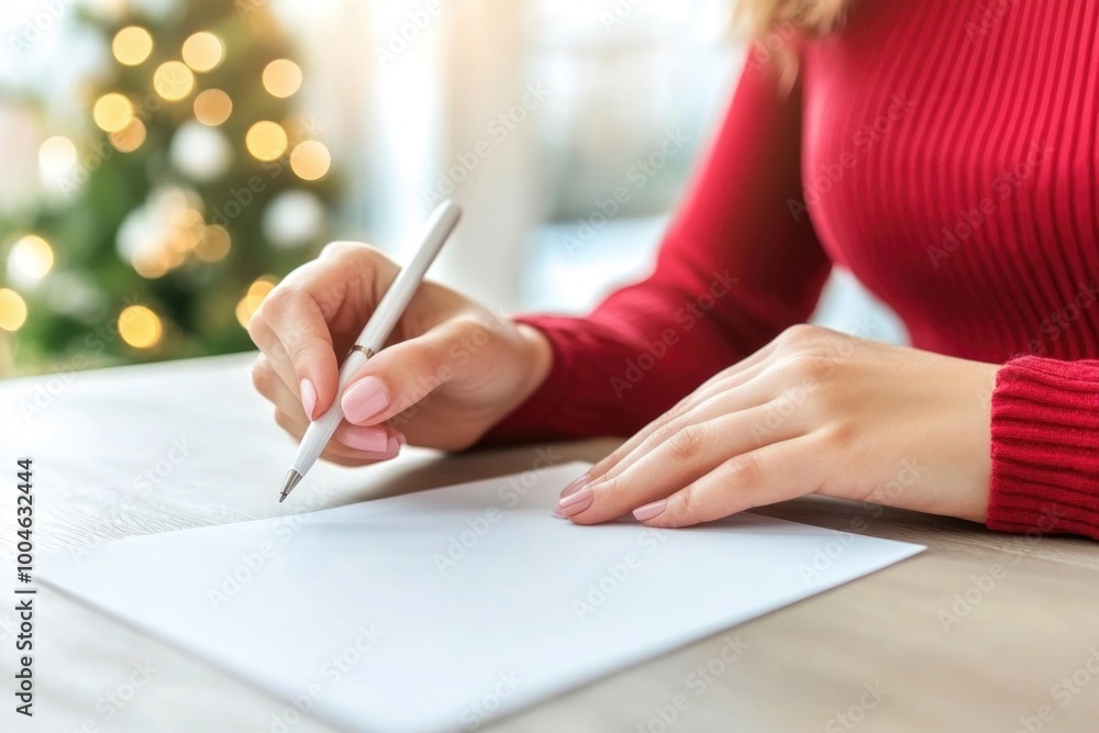 Woman writing a letter at home during christmas season next to decorated tree Woman writing a letter at home during christmas season next to decorated tree