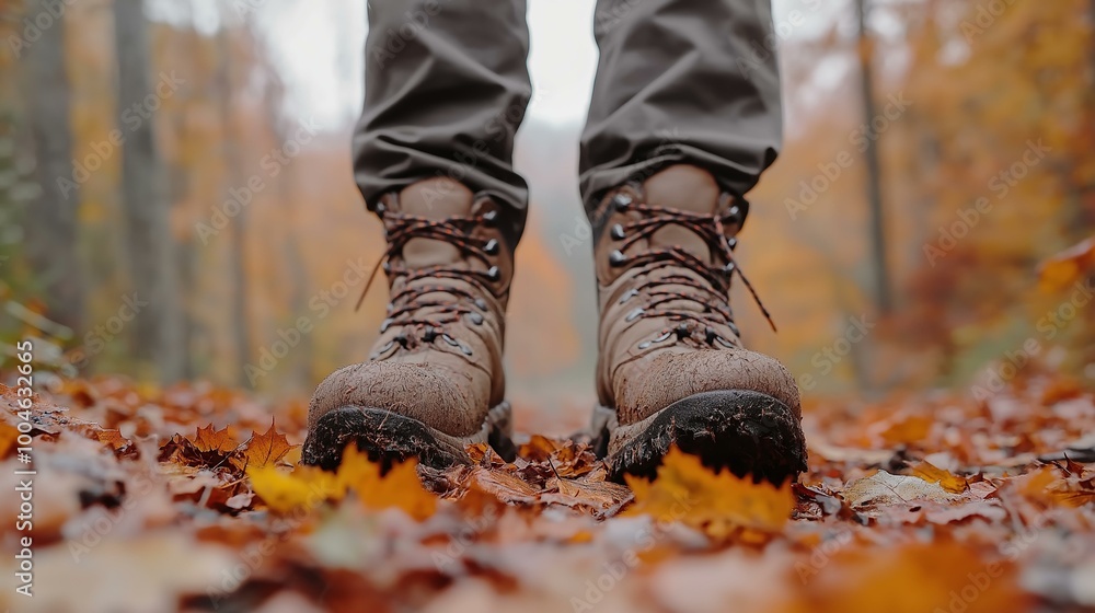 Hiking Boots on Autumn Leaves: Outdoor Adventure Hiking Boots on Autumn Leaves: Outdoor Adventure