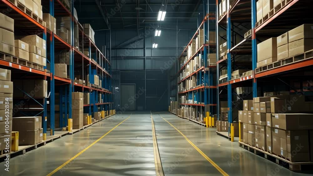 A spacious warehouse filled with neatly stacked boxes on shelves, highlighting organization and logistical efficiency A spacious warehouse filled with neatly stacked boxes on shelves, highlighting organization and logistical efficiency