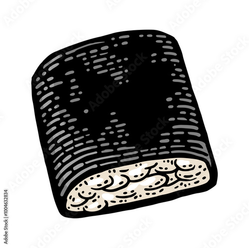 Sushi maki with nori and rise. Top view. Isolated on white background. Vintage color vector engraving