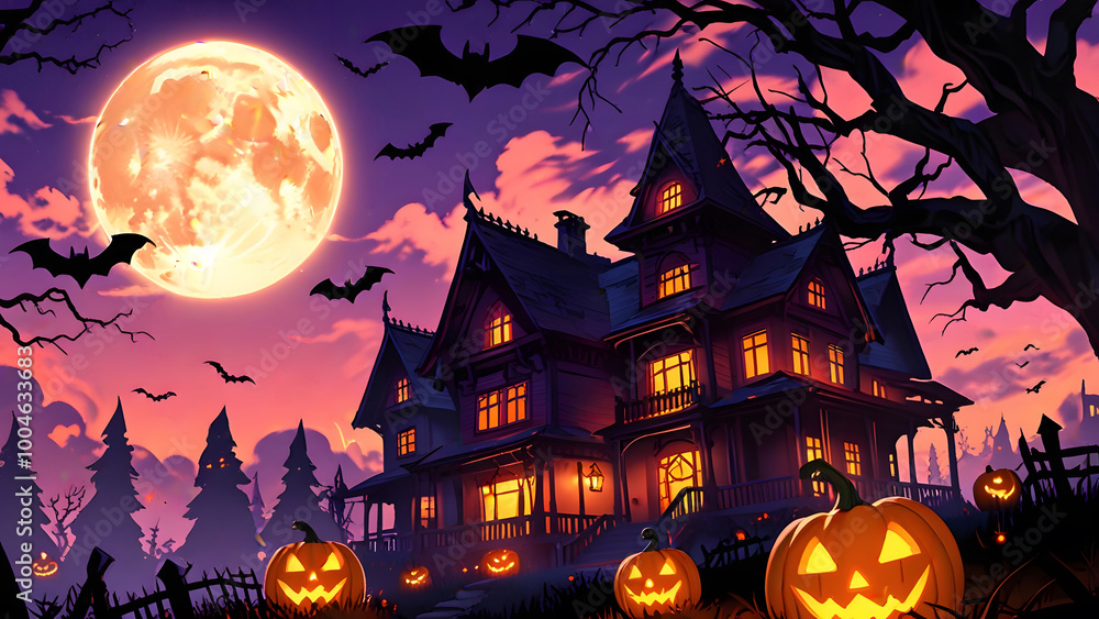 Halloween village with scarry pumpkin background Created with Generative AI technology Halloween village with scarry pumpkin background Created with Generative AI technology